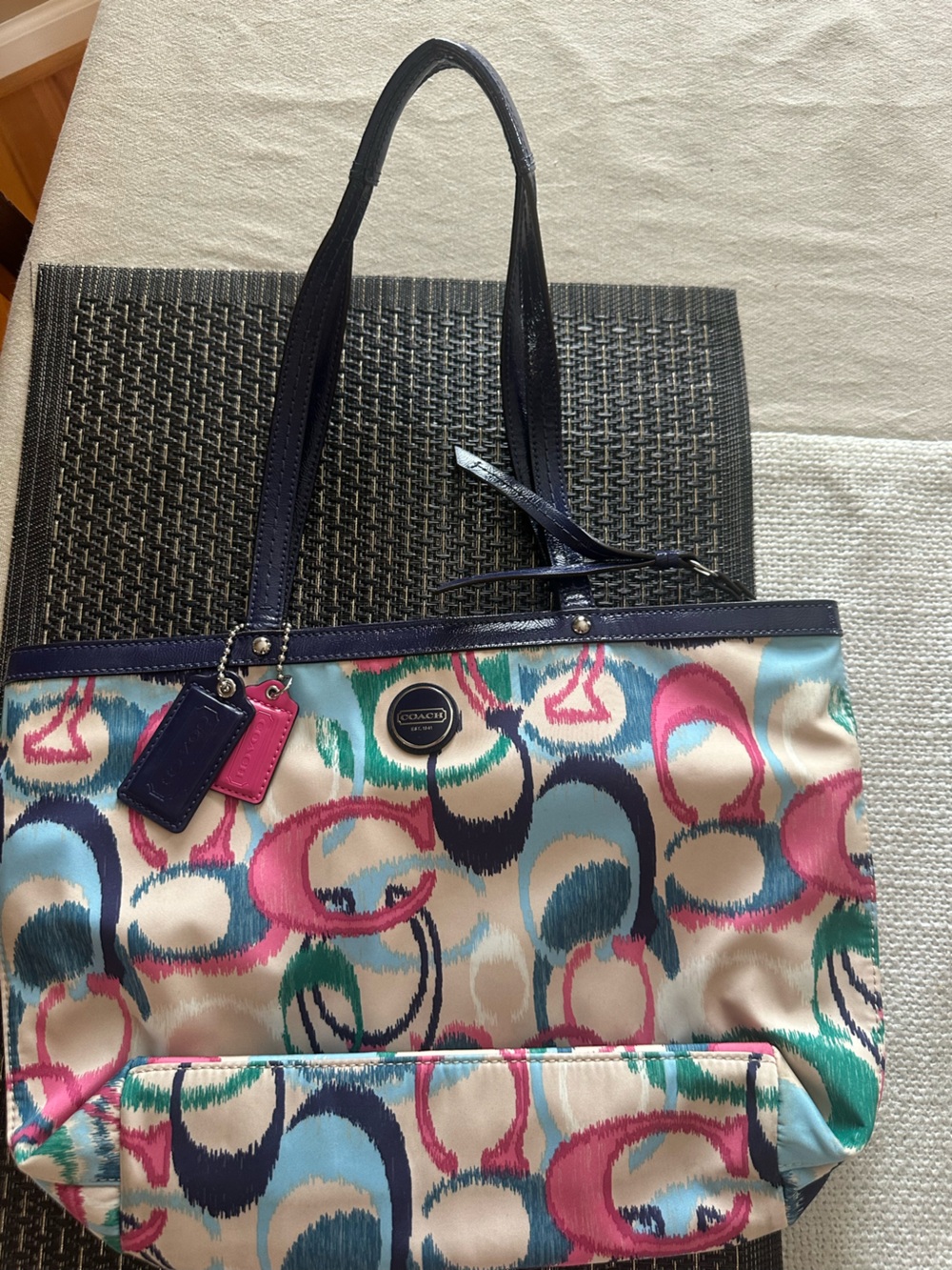 Coach Multicolor Signature Tote with Navy Trim and Pink Tag